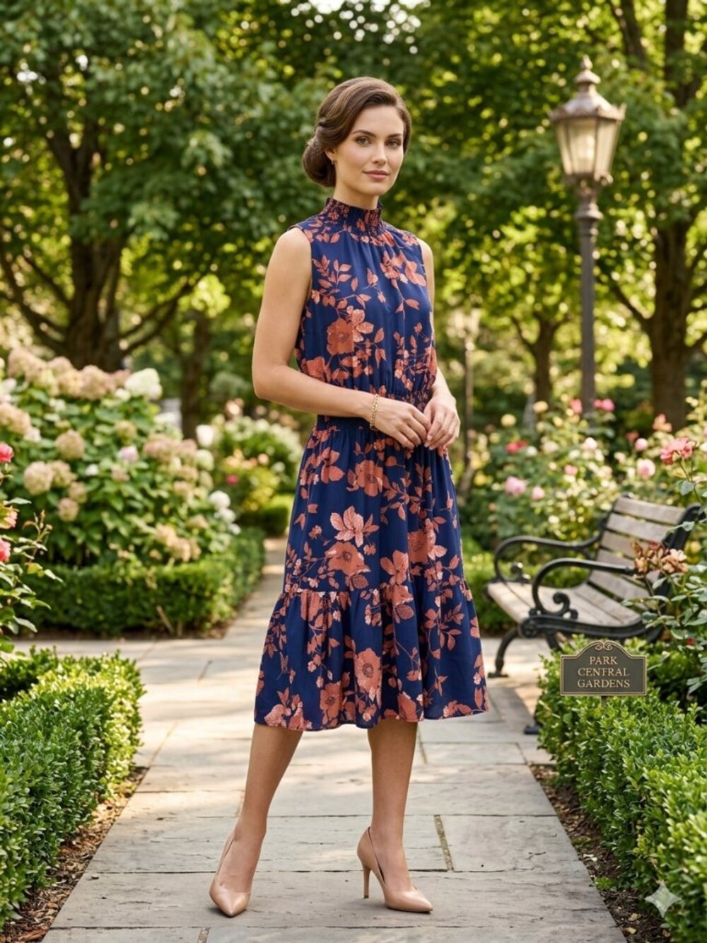 Nanette Lepore Navy & Coral Orange Floral Smocked Mock Neck Midi Dress Size 4